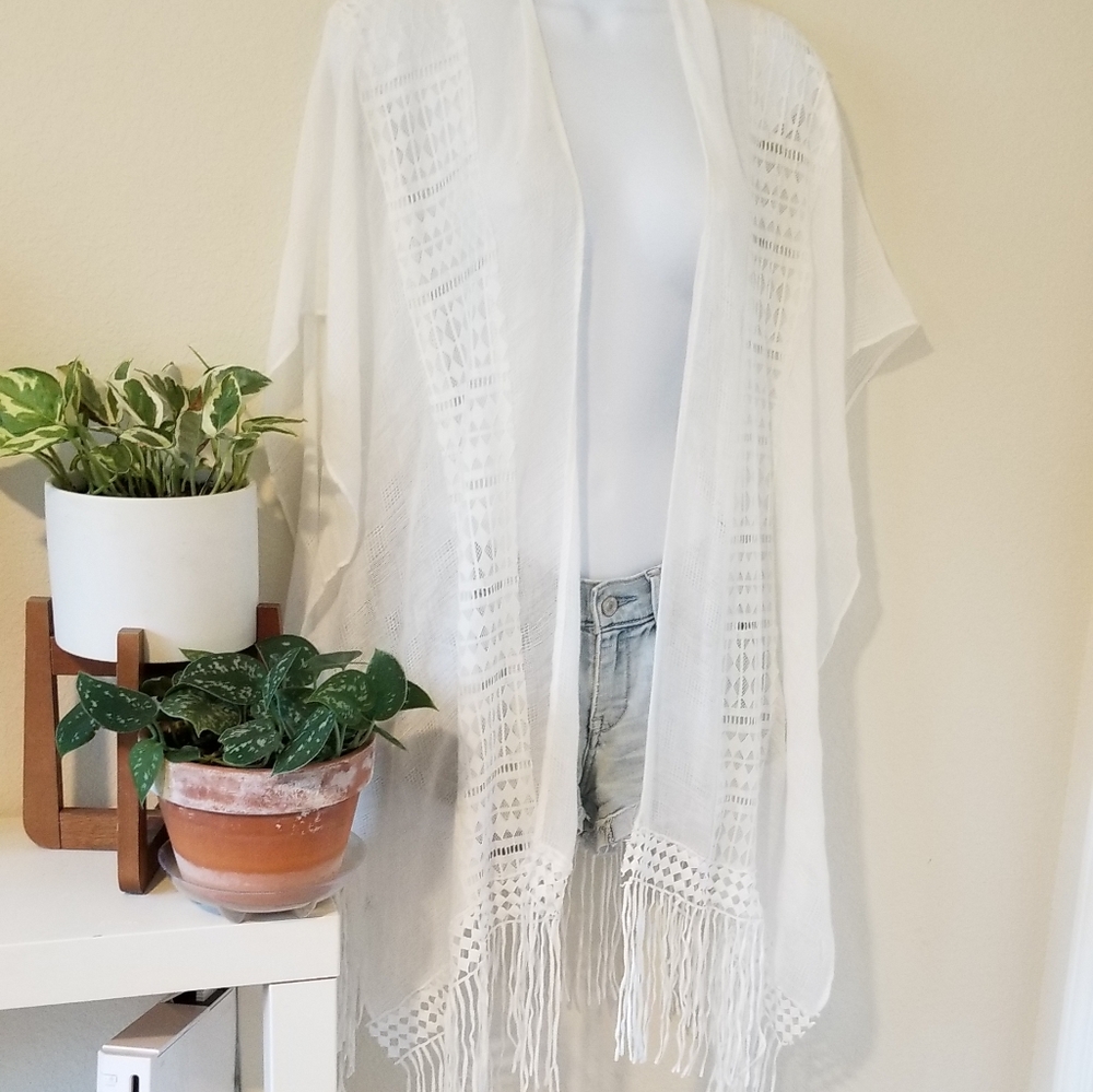 White Geometric Lace Cover Up Cardigan Kimono